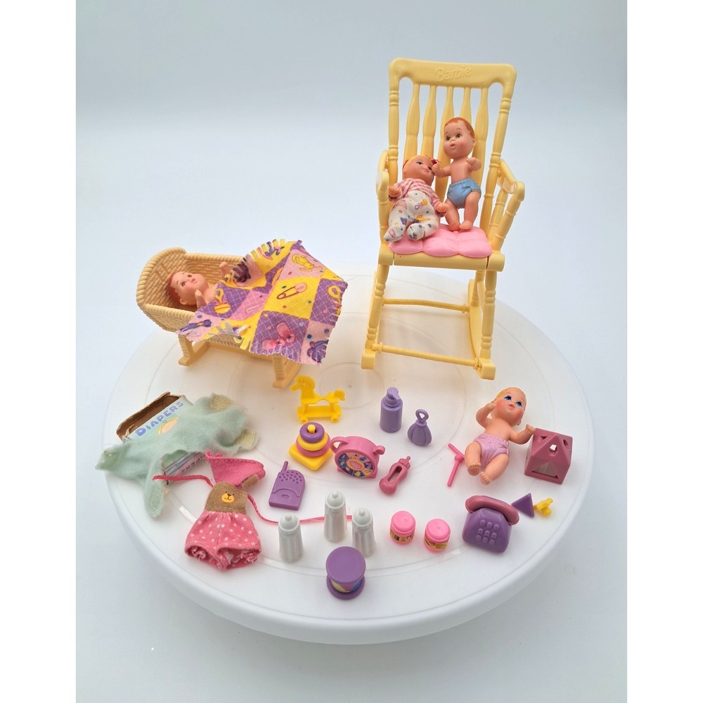 Barbie Happy Family Baby Doll Playset Lot w/ Crib High Chair & Accessories
